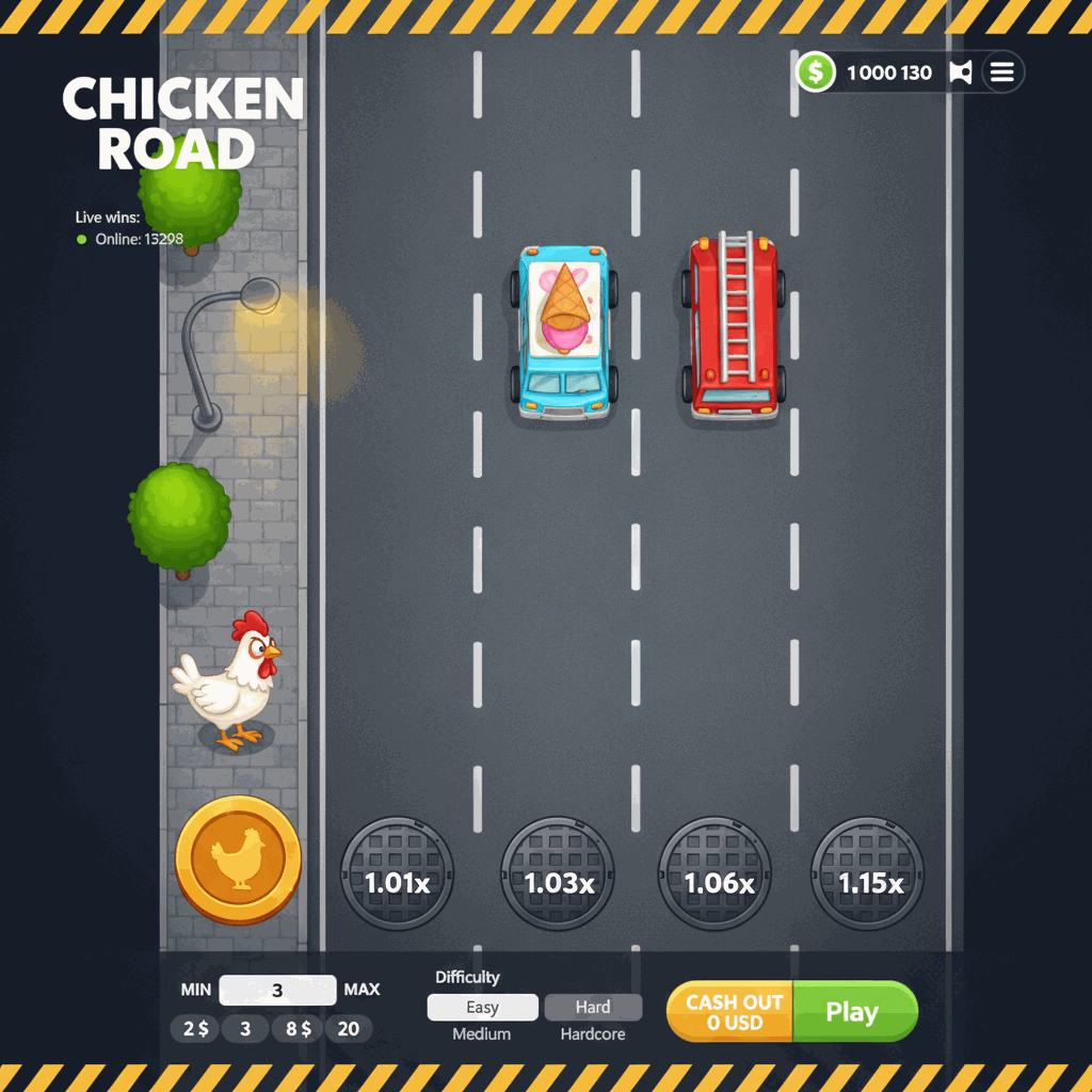 Chicken Road gioco crash di InOut con gallina cartoon bianca che attraversa una strada multicarreggiata vista dall'alto, corsie grigie con linee tratteggiate bianche, lampione sulla sinistra, indicatori circolari di moltiplicatore su ogni corsia, interfaccia di gioco con saldo e pulsanti di controllo